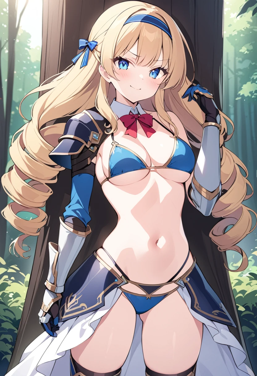 1girl, long hair, blonde hair, drill hair, blue eyes, headband, bikini, armor, detached collar, single pauldron, gauntlets, greaves, showgirl skirt, standing, outdoors, forest, holding sword, smug, looking at viewer, cowboy shot score_9, score_8_up, score_7_up, score_6_up, score_5_up, score_4_up, BREAK source_anime, masterpiece
