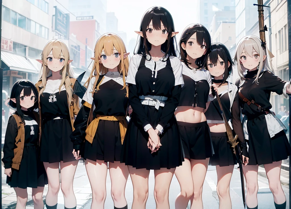a scene of group of women are posing in wood weapon, BLACK armor, polearm, pointy ears, multiple girl, spear, nature, , elf , BLACK HAIR