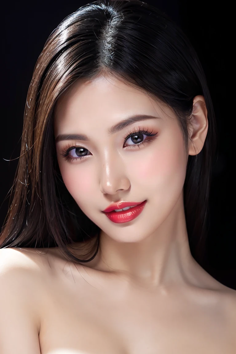 (Highest quality、Tabletop、8k、Best image quality、Award-winning works)、Cute beauty、(nude:1.3)、(The simplest pure black background:1.5)、(Face close-up:1.6)、Accentuate your body lines、Beautiful and exquisite、Expressionless、(look straight at me:1.1)、(stand upright facing forward:1.1)、(Perfect Makeup:1.1)、(Bright lipstick:1.1)、Ultra-high definition beauty face、Ultra HD Hair、Ultra HD Shining Eyes、super high quality, Vibrant and lustrous lip colour、Accurate anatomy、Very beautiful skin、Ultra high resolution and beautiful, Glowing Skin、An elegant upright posture when viewed from the front、Sweaty skin、Hot Face、Damp Hair、Moisturized Skin