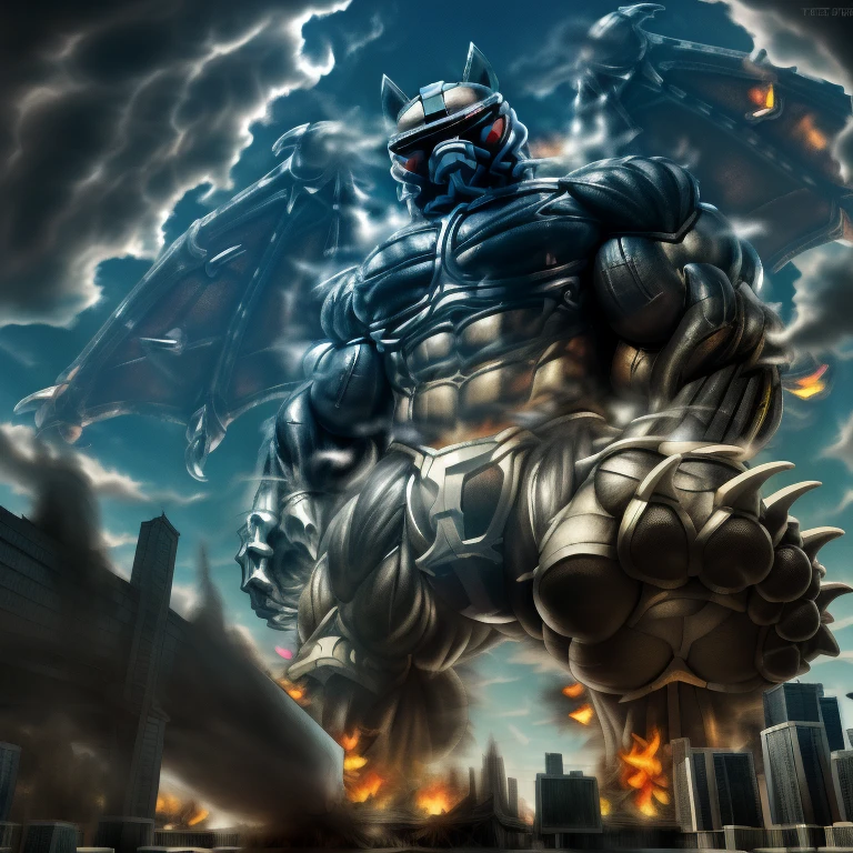 (masterpiece. official art. 8k. best quality. detailed full body. full body.)
A man in stylish armor fights against the magnificent biomechanical LUCARIO.
(situation 1 : dominating LUCARIO. focus GIANT mechanical Muscular LUCARIO is trampling the CITY. macro. stomp. Low-angle perspective. emphasizing the immense size. The perspective is from below, emphasizing the sheer majesty and power of the Giant. giant art. He is much bigger than a skyscraper. Giga Giants. micro soccer field. looking down. Trample.)

(situation 2 :smoke and flames rising from the destruction in the city)

(Additional details 1: wearing a full-face helmet. helmet is jet black. The color of NANOSUIT is jet black. high-tech bio-mecha armor. real texture material. whole body shines like metal. Wearing cyberpunk mecha. emphasizes the muscles. suit fully made of metal. intricate armor. Robotic suit. suit fully made of metal. NANOSUIT with the same design as LUCARIO.).

(Additional details 2: (Detailed head. Detailed Body. Detailed abs. gigantic muscles. HYPER MUSCLES. Gigachad Muscular. big muscle. pecs. triceps. traps. unusually developed muscular body. body full of huge muscles. showing off muscles. pectorales enormes. Exaggeratedly huge muscles. huge muscles. long legs.).

(Additional details 3: nj5furry, Spread wings. It has wings. black have big wings. The claws are sharp. Sharp teeth.5 toes.). 