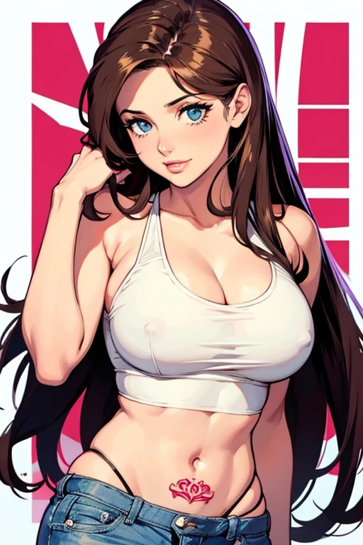 Lucy Pinder, retrato, face retrato, rubio, sonriente, top corto, white top corto, Super neckline, Shorts de jean, voluptuoso, session, labios rojos, tatuajes en el brazo.
