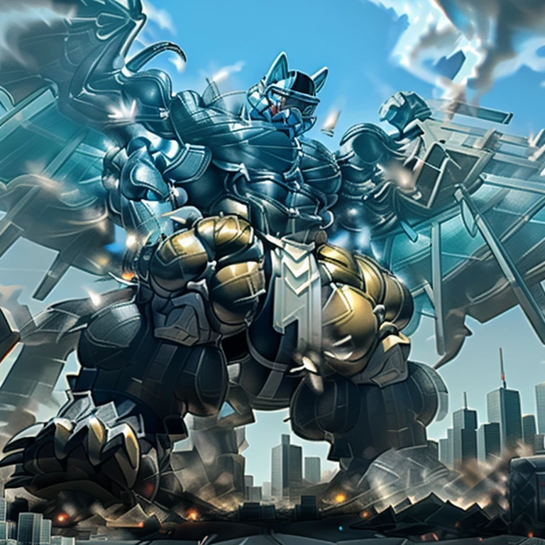 (masterpiece. official art. 8k. best quality. detailed full body. full body.)
A man in stylish armor fights against the magnificent biomechanical LUCARIO.
(situation 1 : dominating LUCARIO. focus GIANT mechanical Muscular LUCARIO is trampling the CITY. macro. stomp. Low-angle perspective. emphasizing the immense size. The perspective is from below, emphasizing the sheer majesty and power of the Giant. giant art. He is much bigger than a skyscraper. Giga Giants. micro soccer field. looking down. Trample.)
(situation 2 :smoke and flames rising from the destruction in the city)
(Additional details 1: wearing a full-face helmet. helmet is jet black. The color of NANOSUIT is jet black. high-tech bio-mecha armor. real texture material. whole body shines like metal. Wearing cyberpunk mecha. emphasizes the muscles. suit fully made of metal. intricate armor. Robotic suit. suit fully made of metal. NANOSUIT with the same design as LUCARIO.).
(Additional details 2: (Detailed head. Detailed Body. Detailed abs. gigantic muscles. HYPER MUSCLES. Gigachad Muscular. big muscle. pecs. triceps. traps. unusually developed muscular body. body full of huge muscles. showing off muscles. pectorales enormes. Exaggeratedly huge muscles. huge muscles. long legs.).
(Additional details 3: nj5furry, Spread wings. It has wings. black have big wings. The claws are sharp. Sharp teeth.5 toes.).