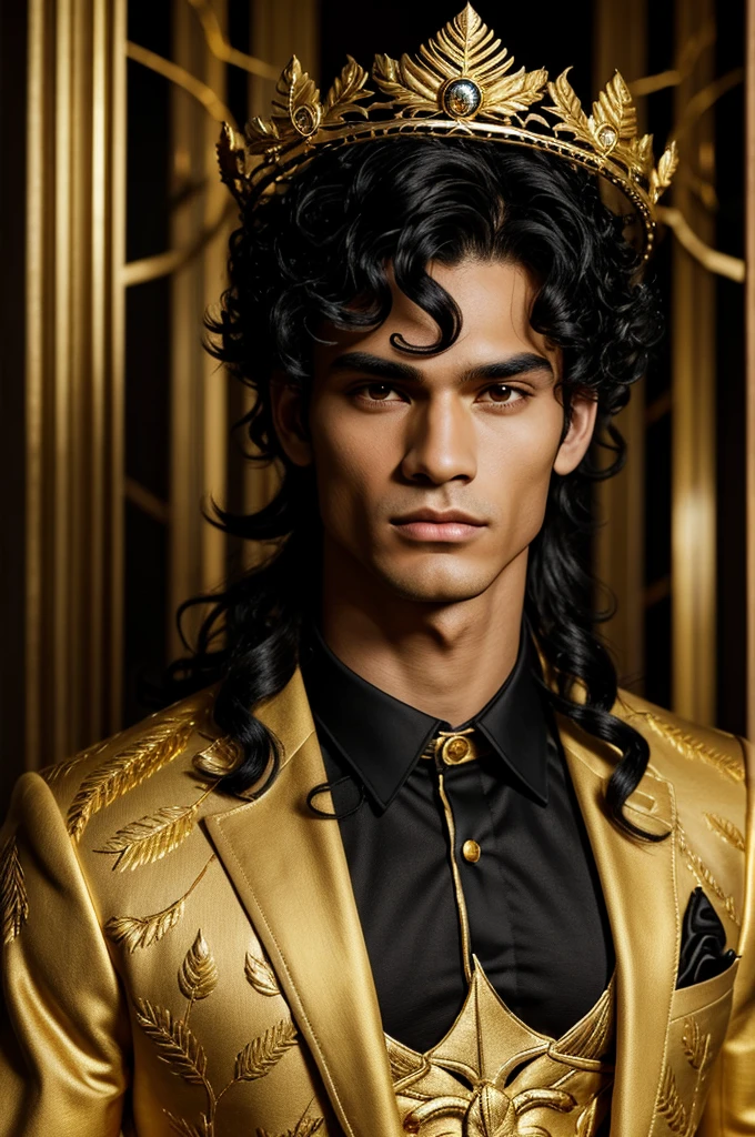 2D image of a young male who has curly black hair wearing a crown of golden branches, and sharp cheekbones. She has long black eyelashes and soft lips. Sus ojos negros con dorado alrededor de las pupilas, His muscles are visible and he is wearing a black and gold suit.