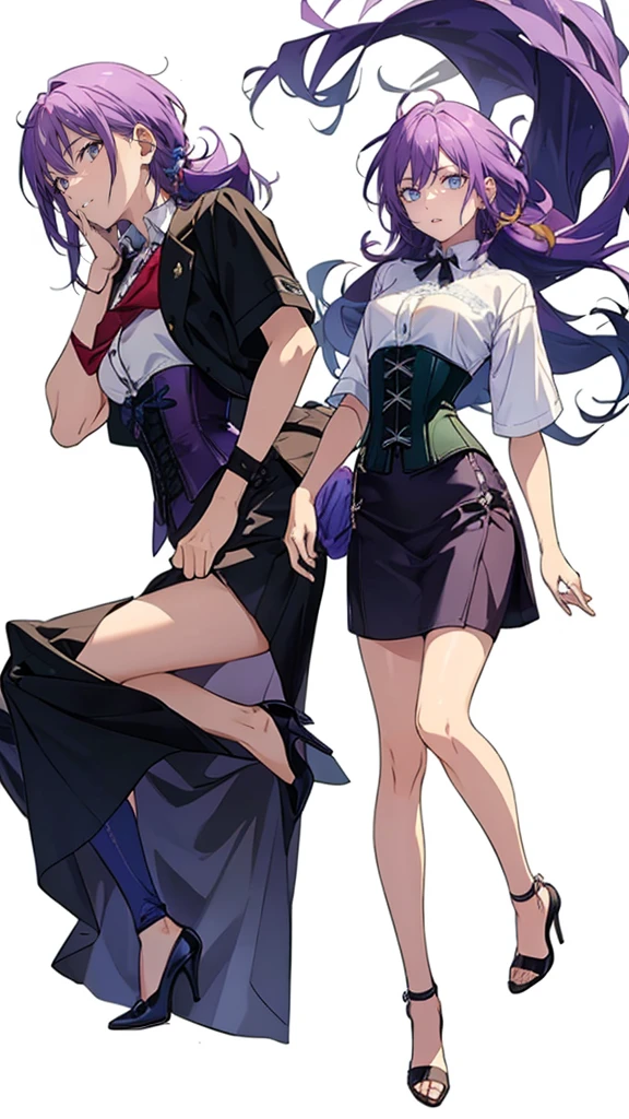 ((Perfect Face)),Purple Hair,Adult female,White shirt,((Shirt with rolled up sleeves)),(((Roll up your sleeves))),((corset)),short skirt,(High heels),((Simple White Background)),((full body)),((Full Body)),