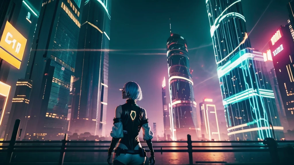 cidade cyberpunk, mulher e homem protagonista, Action, noite, atmospheric, detalhes em 8k, high level of detail