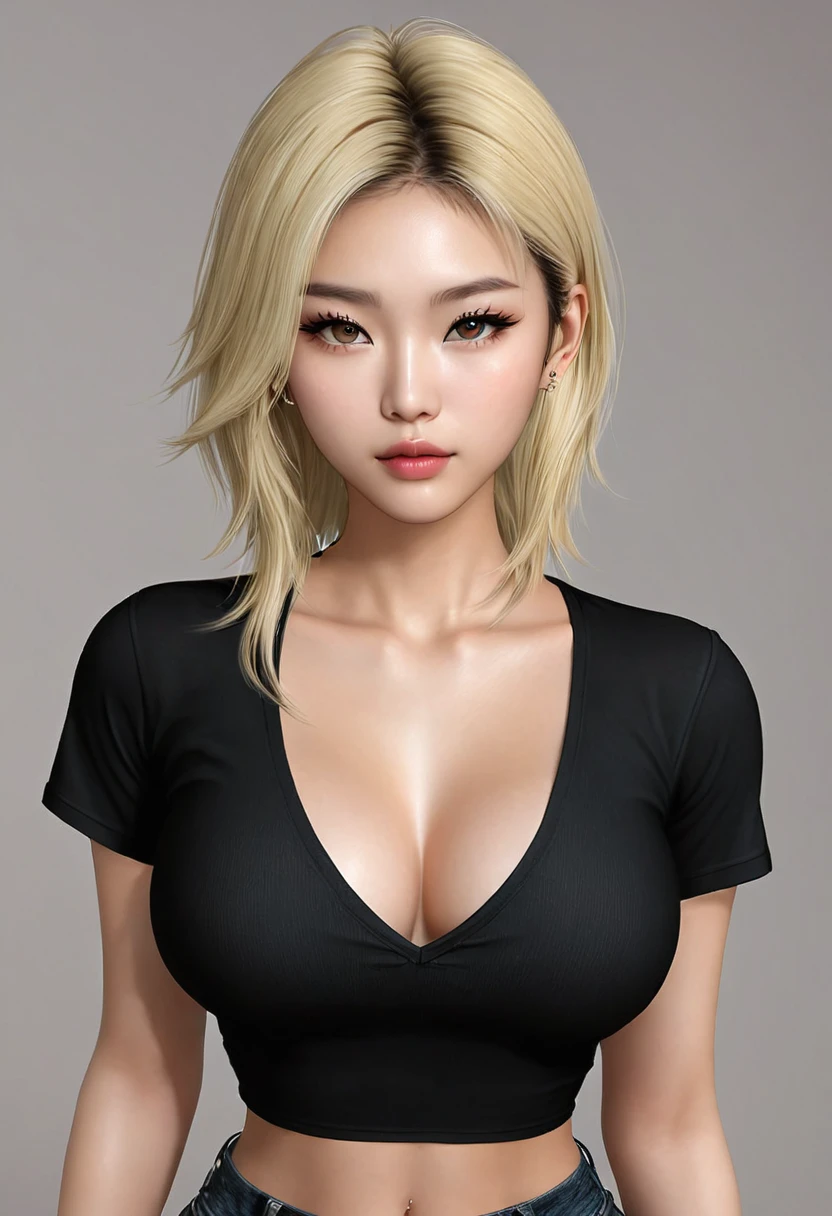 a pretty sexy blonde asian girl with almond eyes and slim body. You can see her entire body and she has everything very well defined. She has moles on her face and piercing. Wear a low-cut black shirt.