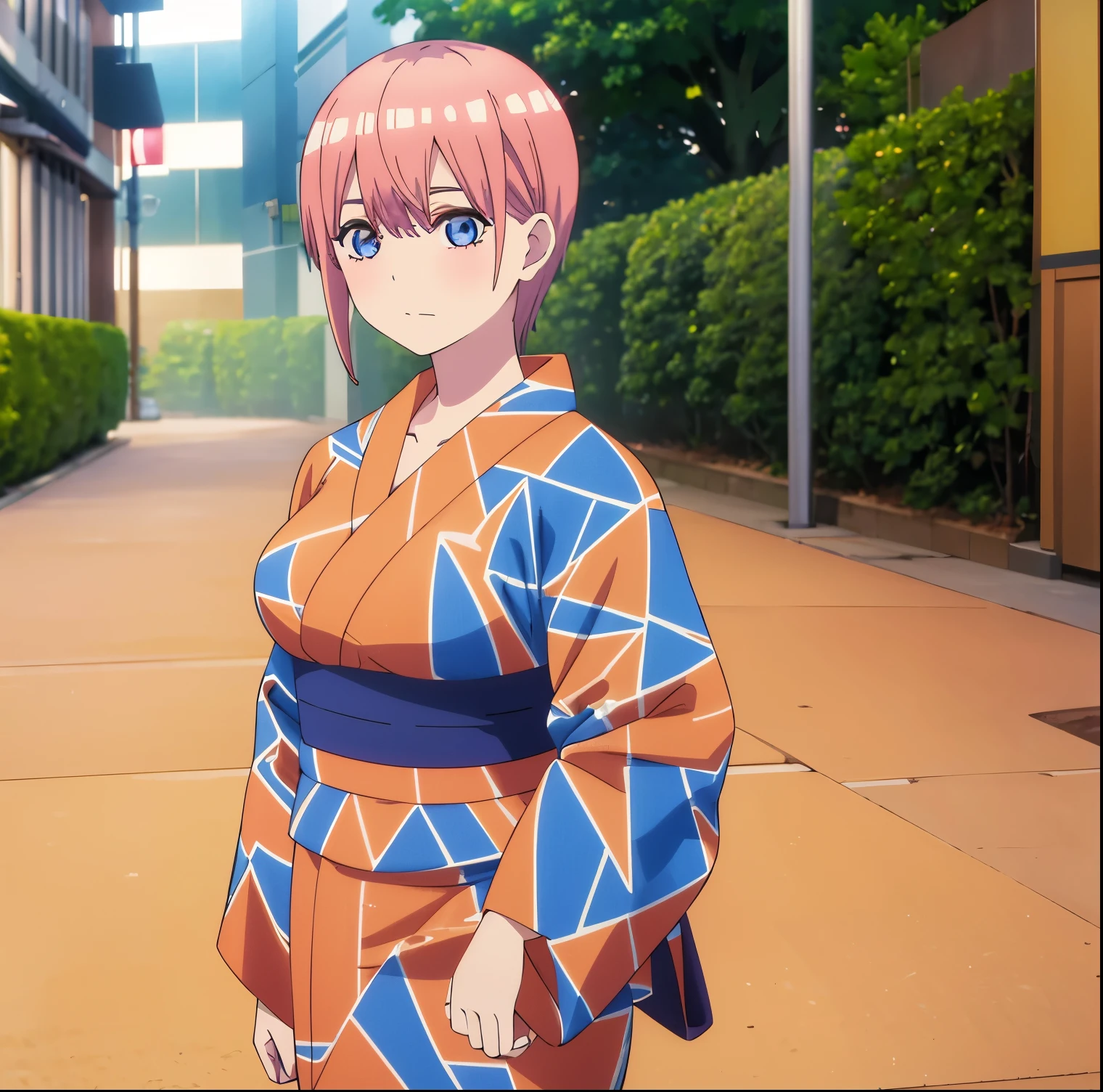 1girl,alone,ichika nakano,Japanese clothing,short hair,salmon pink hair,kimono,multicolored kimono,cleavage,blue eyes,looking at viewer,pink hair,earrings,sandals,yukata,standing,holding,bag,sexy body, curvy body, dynamic pose, handbag, sash, obi, bangs, ladder, high quality blue kimono, big breasts, medium waist, wide hips, medium thighs, outdoor, park, Japanese style park, (1girl),(solo),standing, best quality, ultra detailed, masterpiece, from the front, ((focus on breasts)), pov (from the front), perfect anatomy, perfect hands