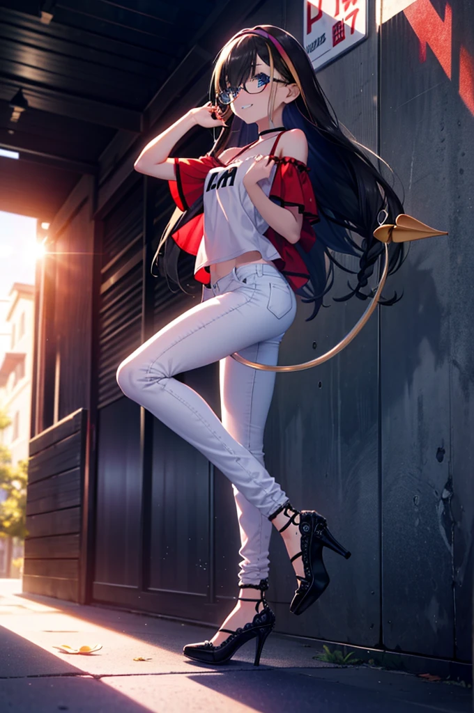 small, small, Black Hair, blue eyes, demon tail, hair band, Long Hair, mechanical tail, Multicolored Hair, tail, smile,Grin,tooth,Black-rimmed glasses,Cold shoulder tops,Short sleeve,Skinny jeans,Stiletto heels,morning,morning陽,The sun is rising,Walking,whole bodyがイラストに入るように,
break looking at viewer, whole body,
break outdoors,Building district,
break (masterpiece:1.2), Highest quality, High resolution, unity 8k wallpaper, (figure:0.8), (beautiful detailed eyes:1.6), extremely detailed face, Perfect lighting, extremely detailed CG, (Perfect hands, Perfect Anatomy),