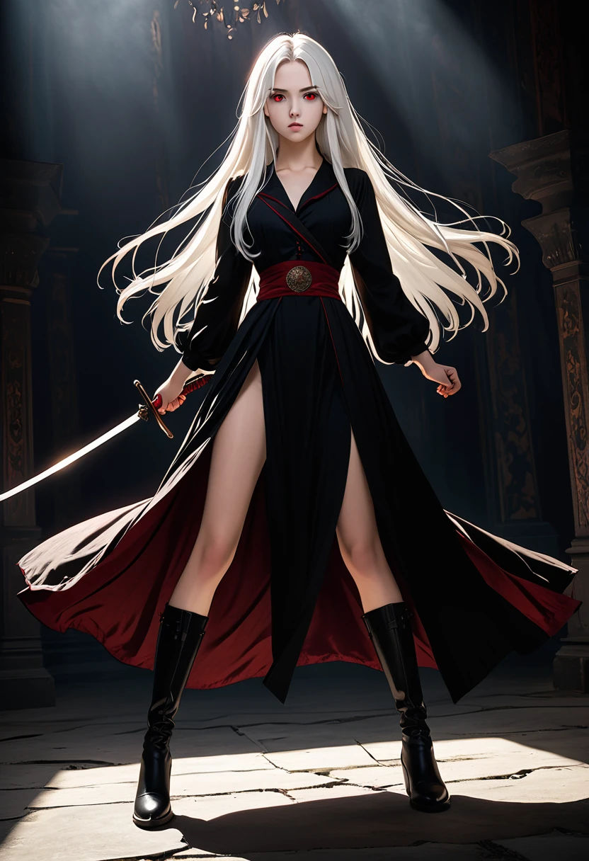 Girl, 20 years old, with long white hair down to below her waist, a serious yet tender expression, and red eyes. Her hair features black streaks. She wears antique-style clothing, a long black dress with a slit on the legs, and high black boots that almost reach her knees. Her power and background are related to shadows and darkness. dark escense, figth stance