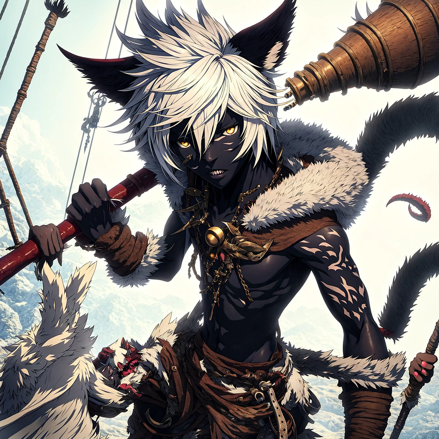 Full body art in the FinalFantasy-Anime style, a beautiful boy with black skin tone like ebony made of shadows, 11-years old, white eyes, spiky white hair lifted upwards, frayed and combed back. He has jaguar ears, sharp teeth and claws on his hands and feet, holding a huge golden flute, wears rustic Druid clothes made of fine leather, with a fur hood, perfect and large feet. on a pirate ship