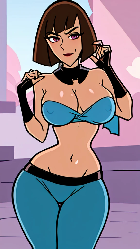 A sexy girl with a big breast, short brown hair, short circular hair, her black eye, wears a light blue top, shows a navel, a ribbon, a curved black scarf, and tight black pants with a big thigh.