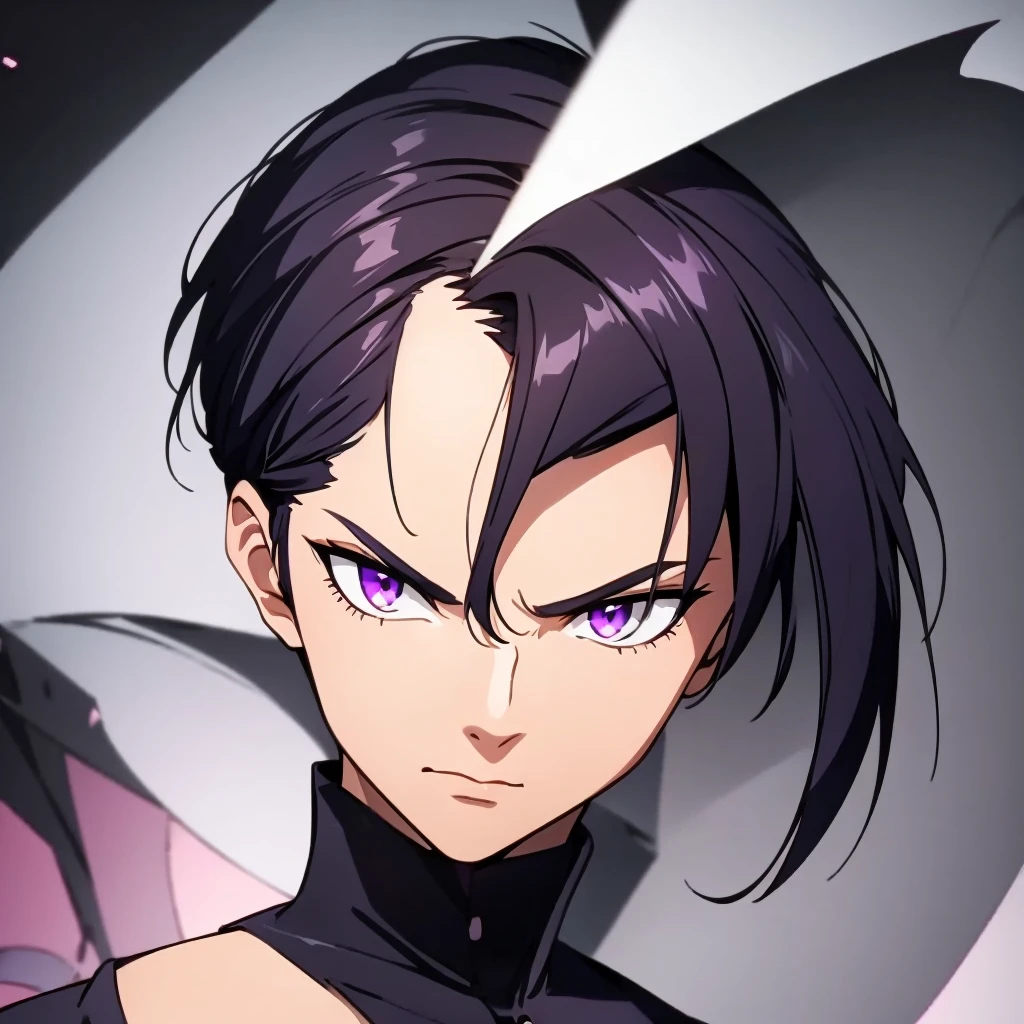 Short black hair, full top of head hairstyle, highres, high resolution, masterpiece, wide purple eyes, pointy eye shape, masterpiece, best quality, highres, 1 man, looking at camera, looking forward, square face, wide face, looking straight, messy full hair, black hair, top of head full hair, full pointy eyebrows, short black full hair, teenager, light background, full body, teenager, colorful parts, symbols, dark , bold, realistic mixing dark lines and loose lines, bold lines, on paper, human man, full body, imposing pose, stylish outfit, dark theme, handsome, good looking, boastful, standing, male, wide face, sharp chin, high cheekbones, sharp jawline, white background, highres, high resolution, masterpiece, face focus, focus on face, face center