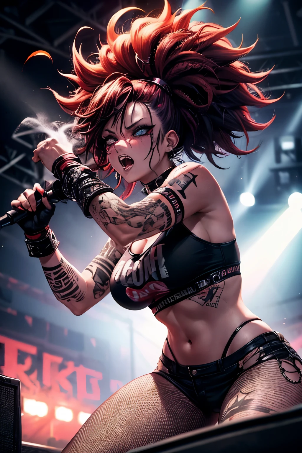 A punk woman with wild hair, torn fishnets, and heavy makeup, headbanging at a loud, energetic rock concert, dramatic lighting, smoke, crowd in the background, high energy, dark and gritty atmosphere, intense colors