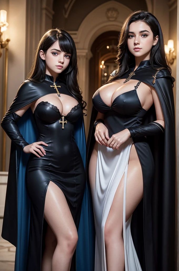 two sisters portrait break: female, evil, 19 years old , black hair and blue eyes, arrogant, leader, detailed face, beautiful face, curvys, tall, chubby, cleavage dress with cape, desing with christian cross, break: ager(1.3) girl,13 yry small breats, black hair and blue eyes, detailed face, angelical face,cleavage, small breasts, dress with cape, desing with christian cross, soft lesbians