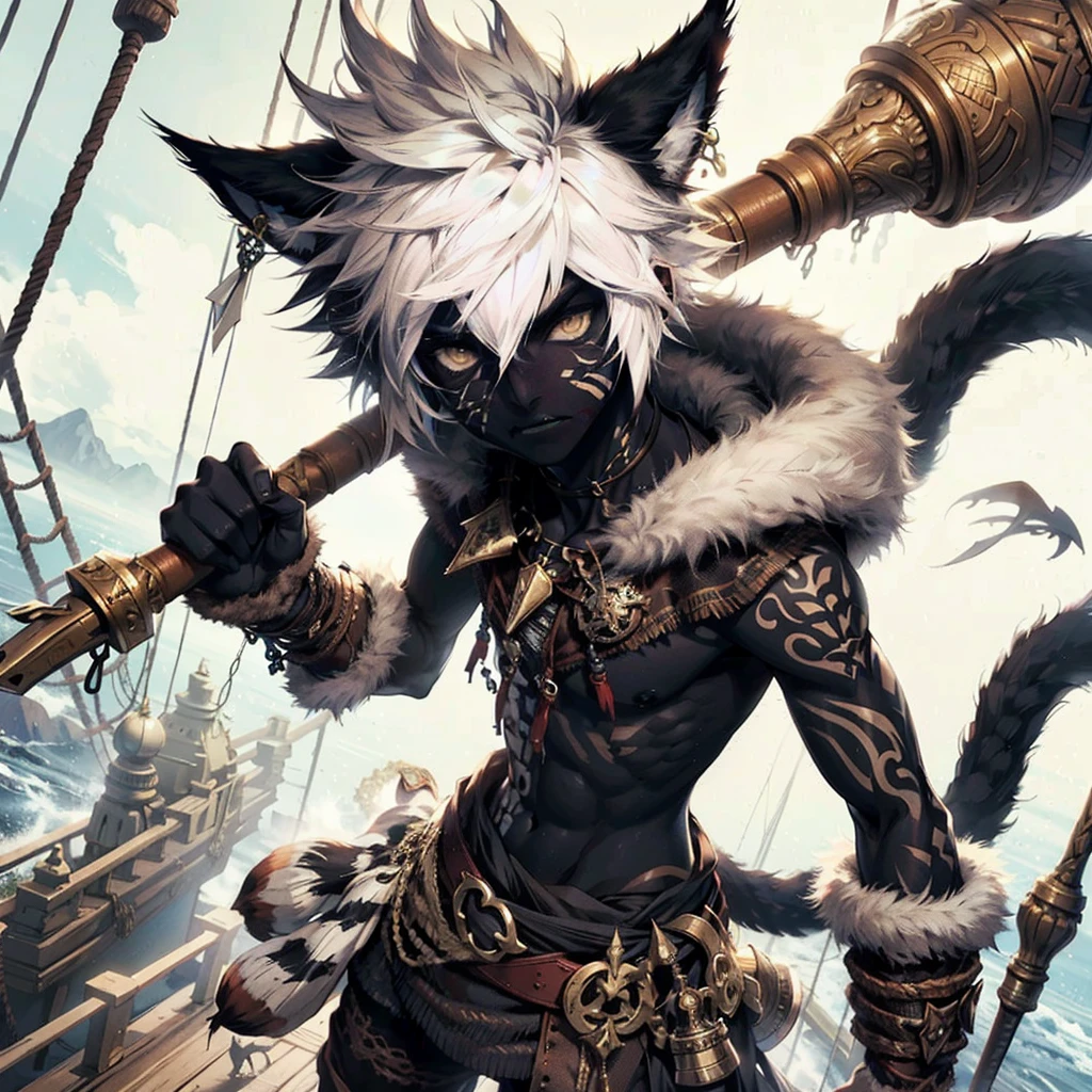 Full body art in the FinalFantasy-Anime style, a beautiful boy with black skin tone like ebony made of shadows, 11-years old, white eyes, spiky white hair lifted upwards, frayed and combed back. He has jaguar ears, sharp teeth and claws on his hands and feet, holding a huge golden flute, wears rustic Druid clothes made of fine leather, with a fur hood, perfect and large feet. on a pirate ship