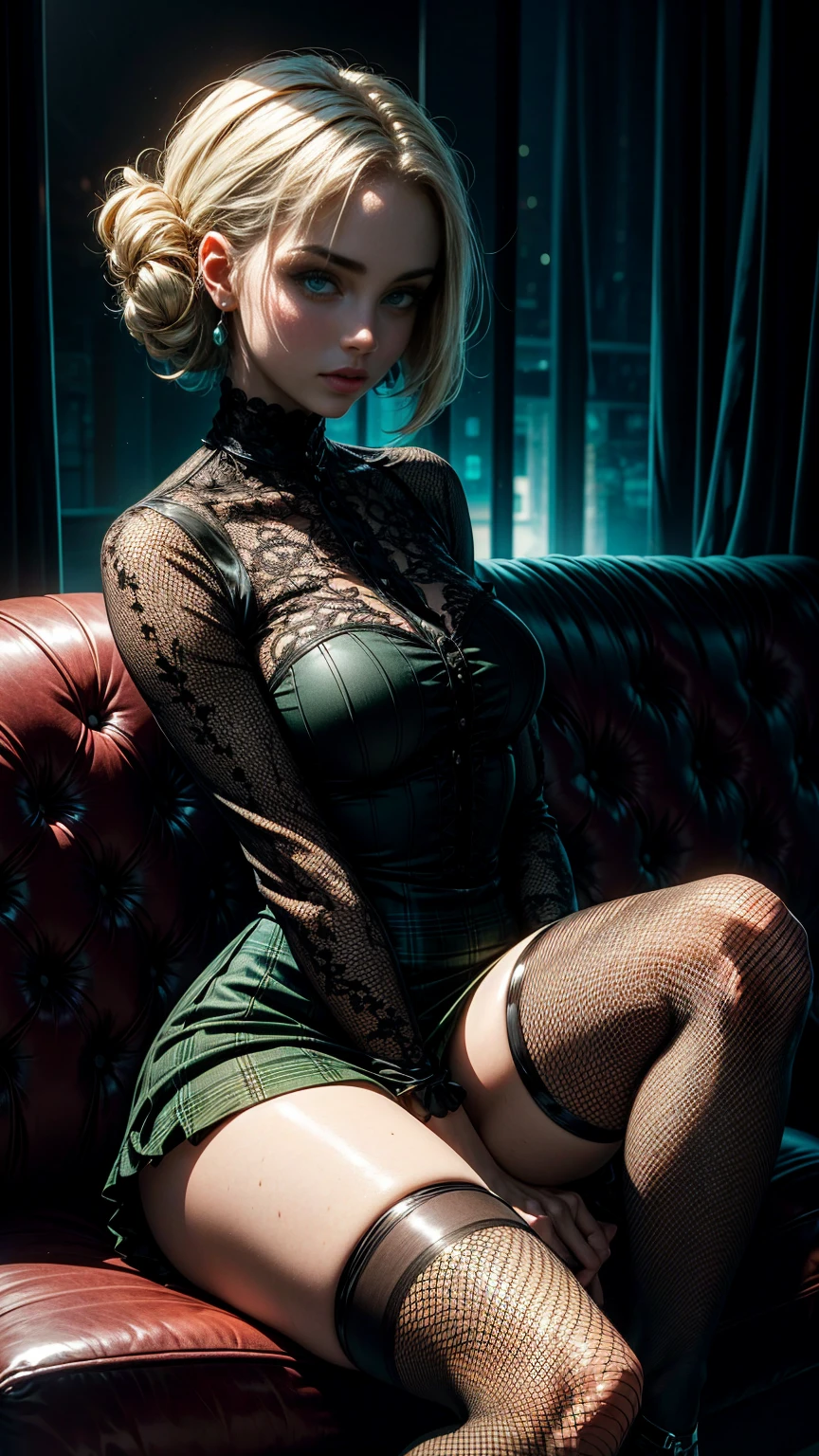 There is a sexy woman sitting on a sofa, se muestra con una figura bastante esbelta.. ella tiene el pelo verde platinado, ella tiene el pelo con flequillo recto y una coleta. large pale green eyes, There is a sexy woman sitting on a sofa, psychobilly burlesco, vestido con ropa crustpunk, fishnet stockings and a tartan mini skirt, Gothic, inspirado en Nan Goldin, vibraciones de terror Gothic, imagen de perfil, cibergotico, atractivo y aterradora, escote expuesto, pechos grandes, Calidad superior, muchos detalles, Puri Focus Sharp and realistic, tonos morados, verdes y dorados