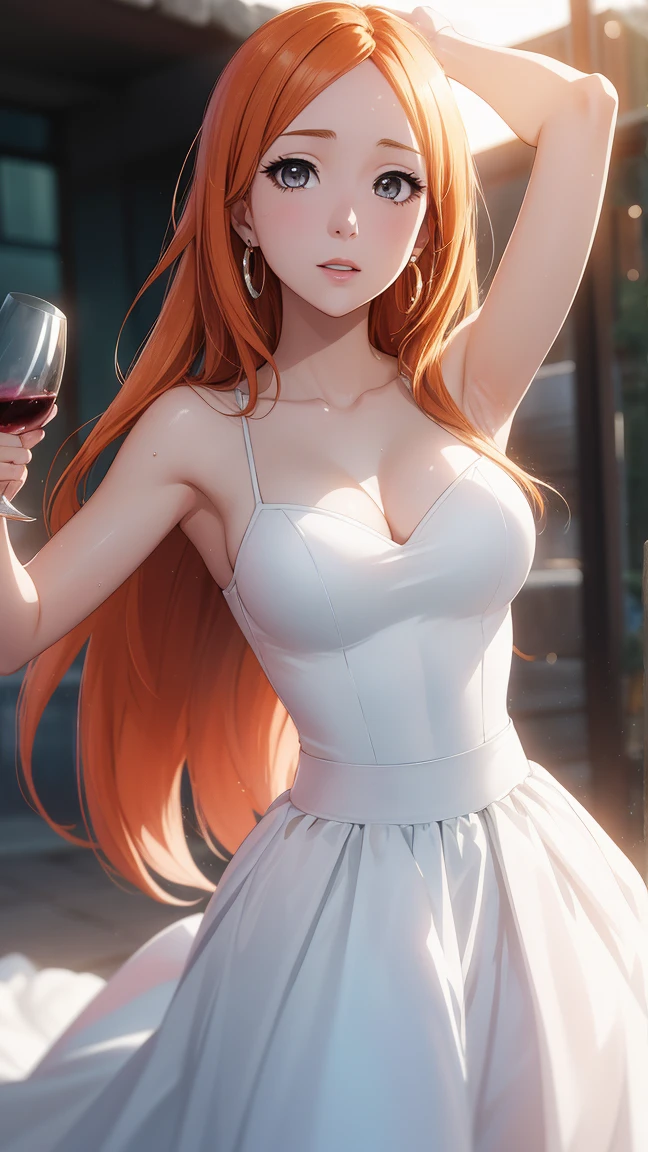 (masterpiece, best quality:1.2), solo, 1girl, orihime inoue, bleach, looking at viewer, earrings, midriff, official art, extremely detailed CG unity 8k wallpaper, perfect lighting, (masterpiece:1.0),(best_quality:1.0), ultra high res,4K,ultra-detailed, photography, 8K, HDR, highres, absurdres:1.2,, bokeh:1.2, lens flare, (vibrant_color:1.2),(beautiful_face:1.5),(narrow_waist),(perfect hands, perfect anatomy), bathing, armpits, breasts, white wedding dress, wedding dress, gala dinner, holding a glass of wine, white dress