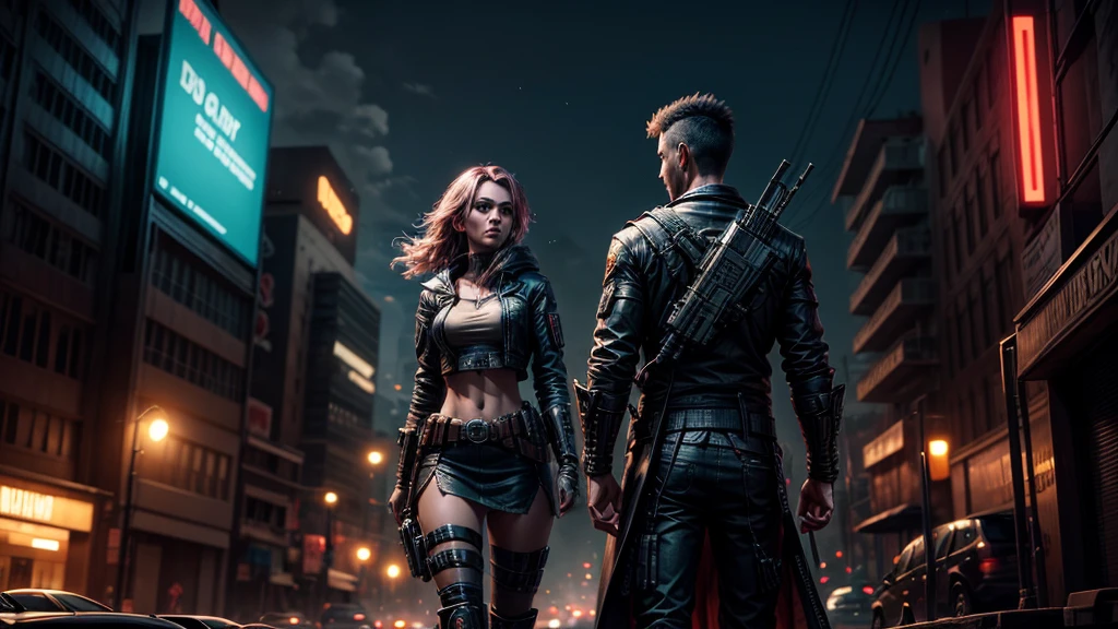 cidade cyberpunk, mulher e homem protagonista, Action, noite, atmospheric, detalhes em 8k, high level of detail