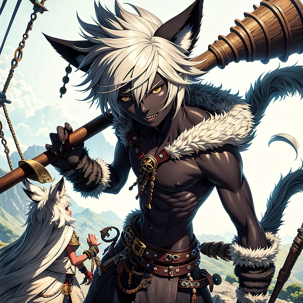 Full body art in the FinalFantasy-Anime style, a beautiful boy with black skin tone like ebony made of shadows, 11-years old, white eyes, spiky white hair lifted upwards, frayed and combed back. He has jaguar ears, sharp teeth and claws on his hands and feet, holding a huge golden flute, wears rustic Druid clothes made of fine leather, with a fur hood, perfect and large feet. on a pirate ship