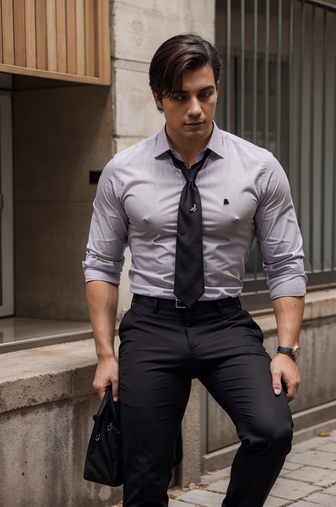 Joven usando camisa negra, black pants, corbata de color tinto y saco gris