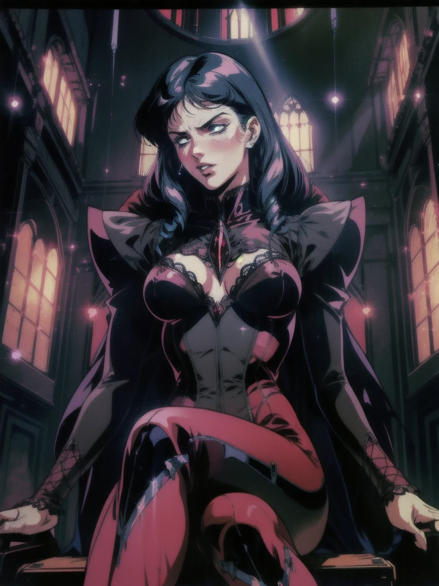 ((((retro anime)) of a gothic vampire piloting a gothic ruby mech)), (from below), close-up, (fisheye), ((gothic (control panels) everywhere)), ((mature)), ((vampiric)), (iridescent bodysuit), lace accessories, dark big lips, ((baroque pilot seat)), ((leaning back sitting pose)), ((elegant)), (((serious tone))), futuristic, top spacecraft control panel, ((dark place)), ((low-light)), intricate control panel details, 1990s (style), [blushing], sweat, masterpiece, claustrophobic, sparkles, red aura, limited colors