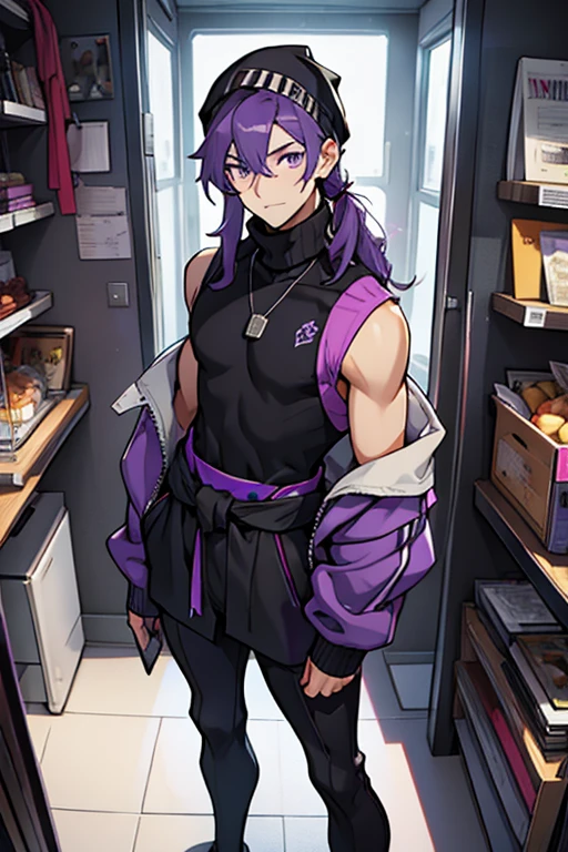 Young man purple hair black cap purple eyes pullover turtleneck sleeveless black sweater on waist with long stockings and hair clips
