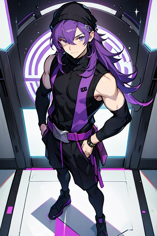 Young man purple hair black cap purple eyes pullover turtleneck sleeveless black sweater on waist with long stockings and hair clips