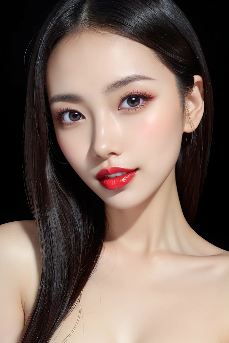(Highest quality、Tabletop、8k、Best image quality、Award-winning works)、Cute beauty、(nude:1.3)、(The simplest pure black background:1.5)、(Face close-up:1.6)、Accentuate your body lines、Beautiful and exquisite、Expressionless、(look straight at me:1.1)、(stand upright facing forward:1.1)、(Perfect Makeup:1.1)、(Bright lipstick:1.1)、Ultra-high definition beauty face、Ultra HD Hair、Ultra HD Shining Eyes、super high quality, Vibrant and lustrous lip colour、Accurate anatomy、Very beautiful skin、Ultra high resolution and beautiful, Glowing Skin、An elegant upright posture when viewed from the front、Sweaty skin、Hot Face、Damp Hair、Moisturized Skin