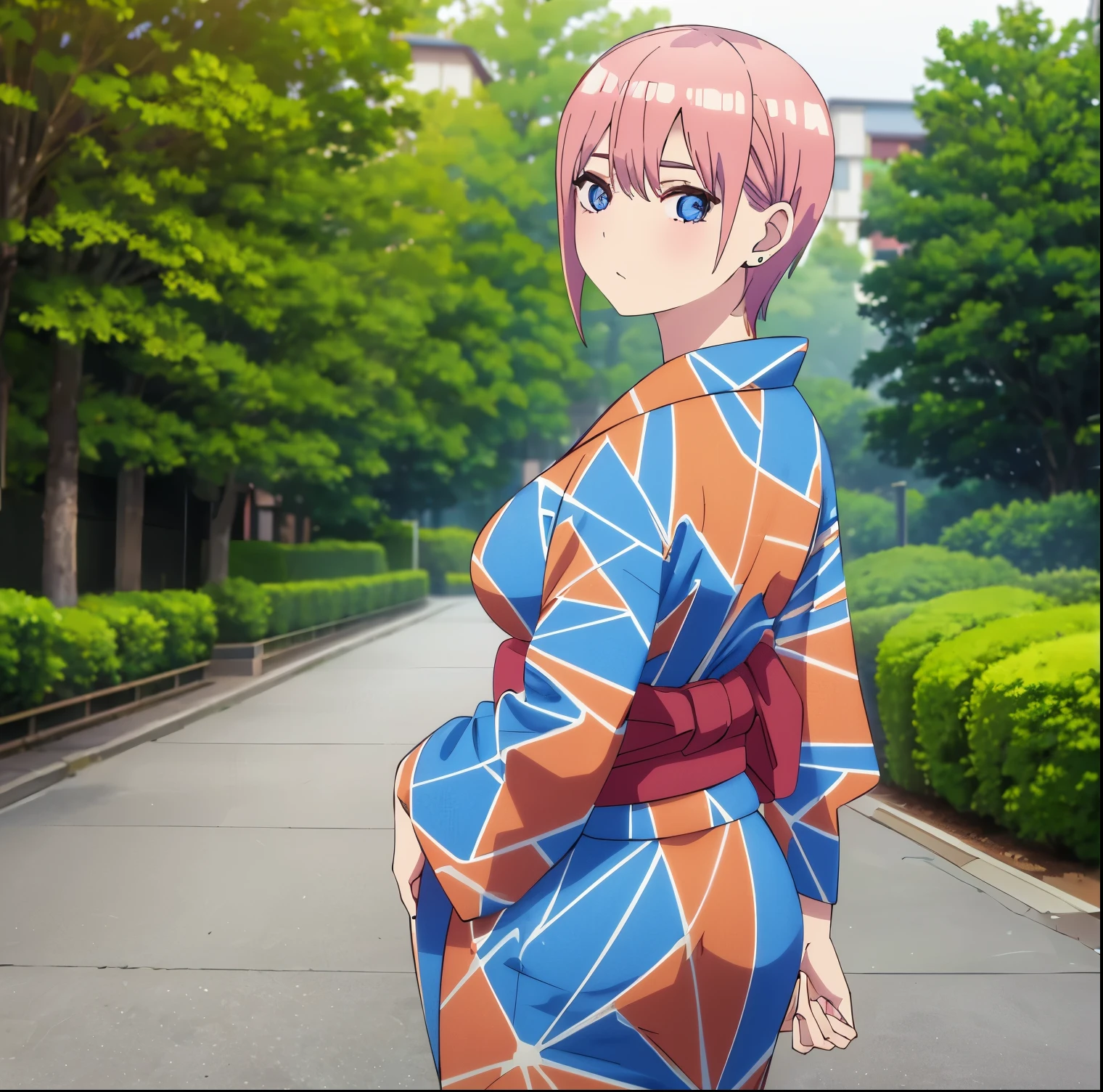 1 girl,solo,ichika nakano,japanese clothing,short hair,salmon pink hair,kimono,multicolored kimono,cleavage,blue eyes,looking at viewer,pink hair,earrings,sandals,yukata,standing,holding,bag,sexy body , curvy body, dynamic pose, bag, sash, obi, bangs, ladder, high quality blue kimono, big breasts, medium waist, wide hips, medium thighs, outdoor, park, Japanese style park, (1 girl ), (solo), standing, best quality, ultra detailed, masterpiece, looking back,from behind, ((focus on ass)),(round ass)pov (from below), perfect anatomy, perfect hands