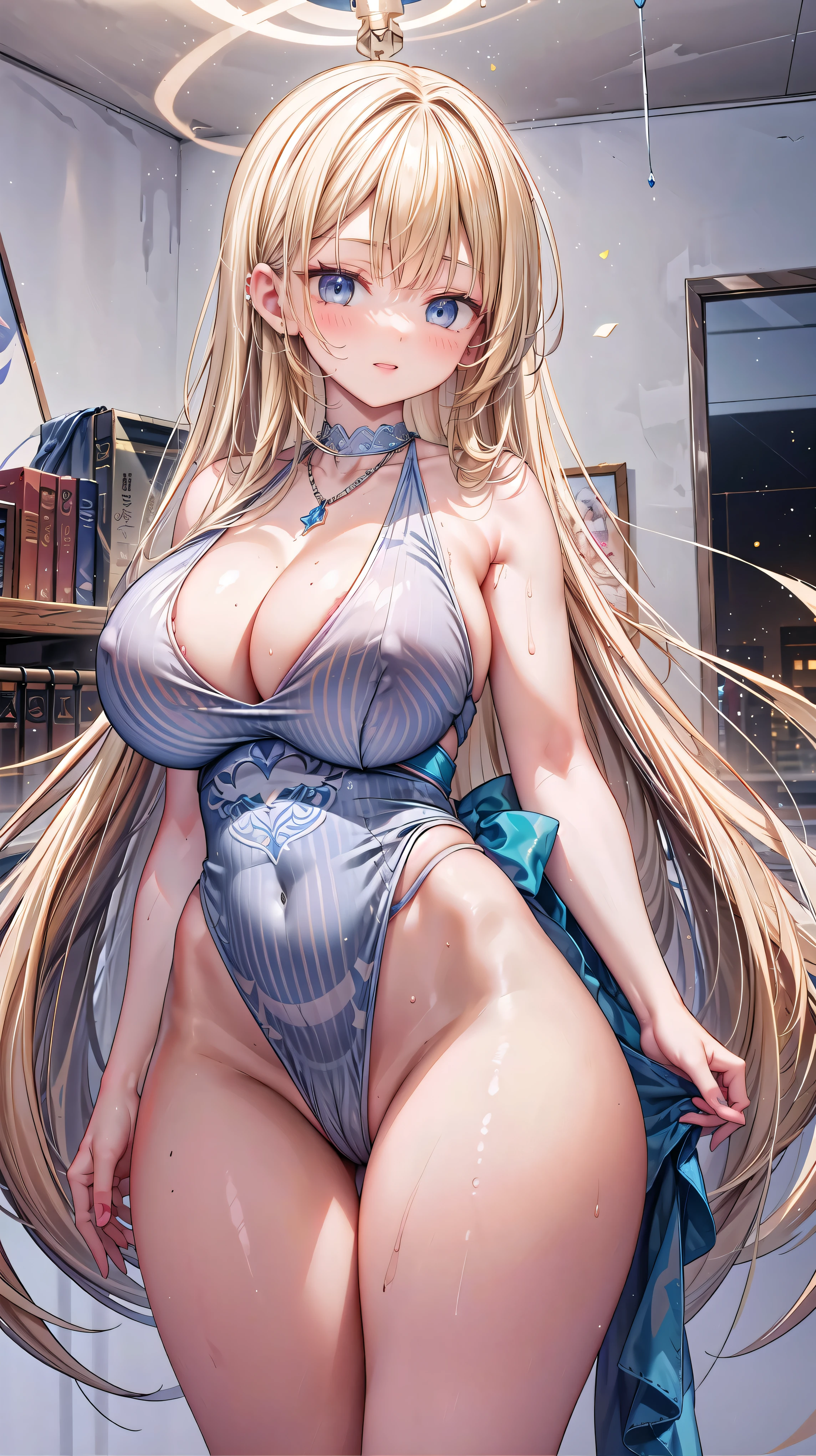 Very detailed、Highest quality、Best image quality、masterpiece、8k、Sparkling blue eyes、Anime Face、A kind smile、(Open your mouth)、(Blonde long hair:1.5)、(SFW Giant:1.5)、(Big Tits:1.9)、ckundies、Cowboy Shot、(Thong:1.5)、(highleg:1.8)、(SlightMuscle、Bulky、Bodybuilder、hyper muscle)、(necklace)、(topless)、 panties