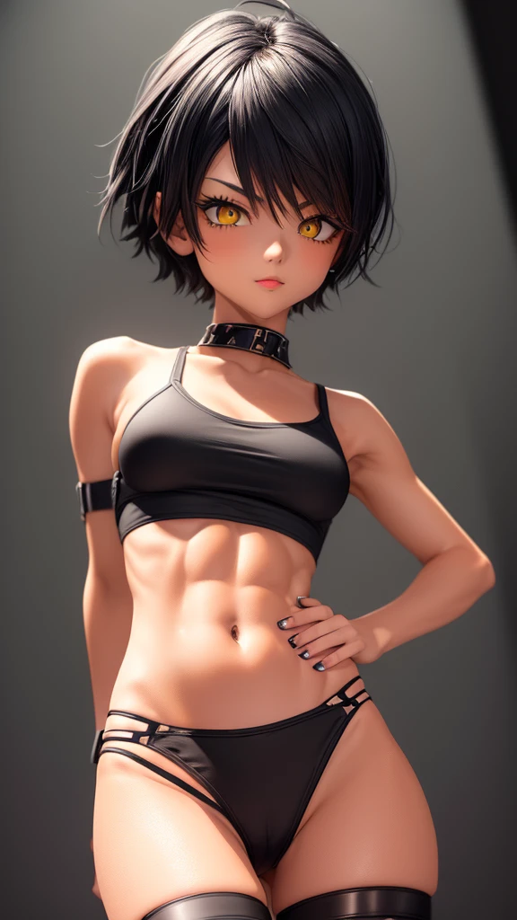 solo, 1girl, (masterpiece), ((14 year old appearance)), mohalk punk hair, small breasts, yellow eyes, ((detailed eyes)), (athletic body), (simple black cropped), (simple sexy micro black top with red details), looking at the screen, orange lipstick, visible abs, (simple highcut micro kinky thong), navel, (collarbone), (cyberpunk scenery background)