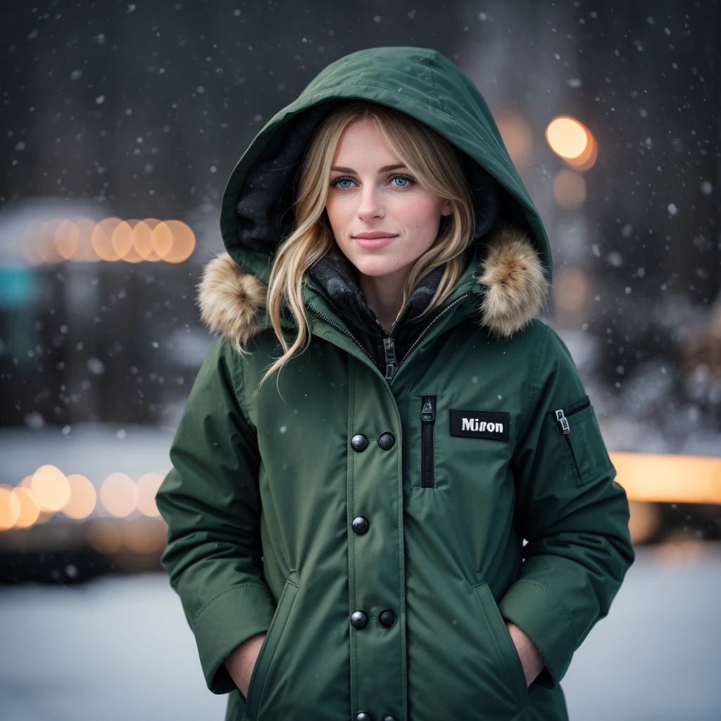 a realistic photograph de fit and thin beautiful (M36D0n:1.1) woman as a logging in a dark green parka standing in the bitch ,nuit noire,light snow showers,prise avec Nikon D850,Nikon AF-S 85 mm f./1.Objectif 4G,photo realistic,bokeh,imax,(very detailed),(prime),(chef-d'artwork),(hdr),(Fond d'8k screen),colored,Couleur vive,intrichasely detailed,high contrast,regarder_has_viewer,high resolution,absurdes,hyper realistic,UDH,profondeur_de_Champ,PA7_Portrait-MS,