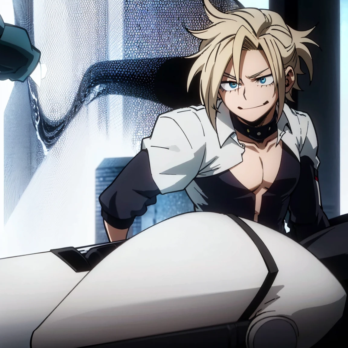 1boy, male focus, boku no hero academia, masterpiece, best quality, very aesthetic, muscular body, neat spikier on each end hair, blonde hair, blue eyes, smirk, gray jacket, unbuttoned collar, white shirt, teal pants, boots 