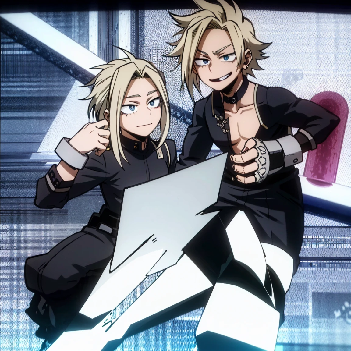 1boy, male focus, boku no hero academia, masterpiece, best quality, very aesthetic, muscular body, neat spikier on each end hair, blonde hair, blue eyes, smirk, gray jacket, unbuttoned collar, white shirt, teal pants, boots 