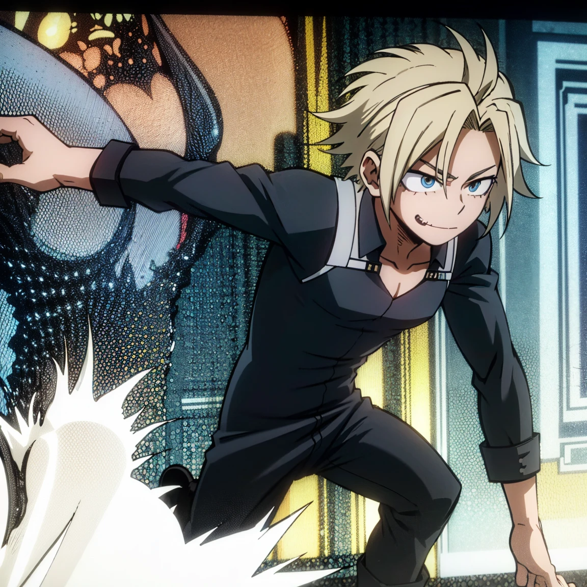 1boy, male focus, boku no hero academia, masterpiece, best quality, very aesthetic, muscular body, neat spikier on each end hair, blonde hair, blue eyes, smirk, gray jacket, unbuttoned collar, white shirt, teal pants, boots 