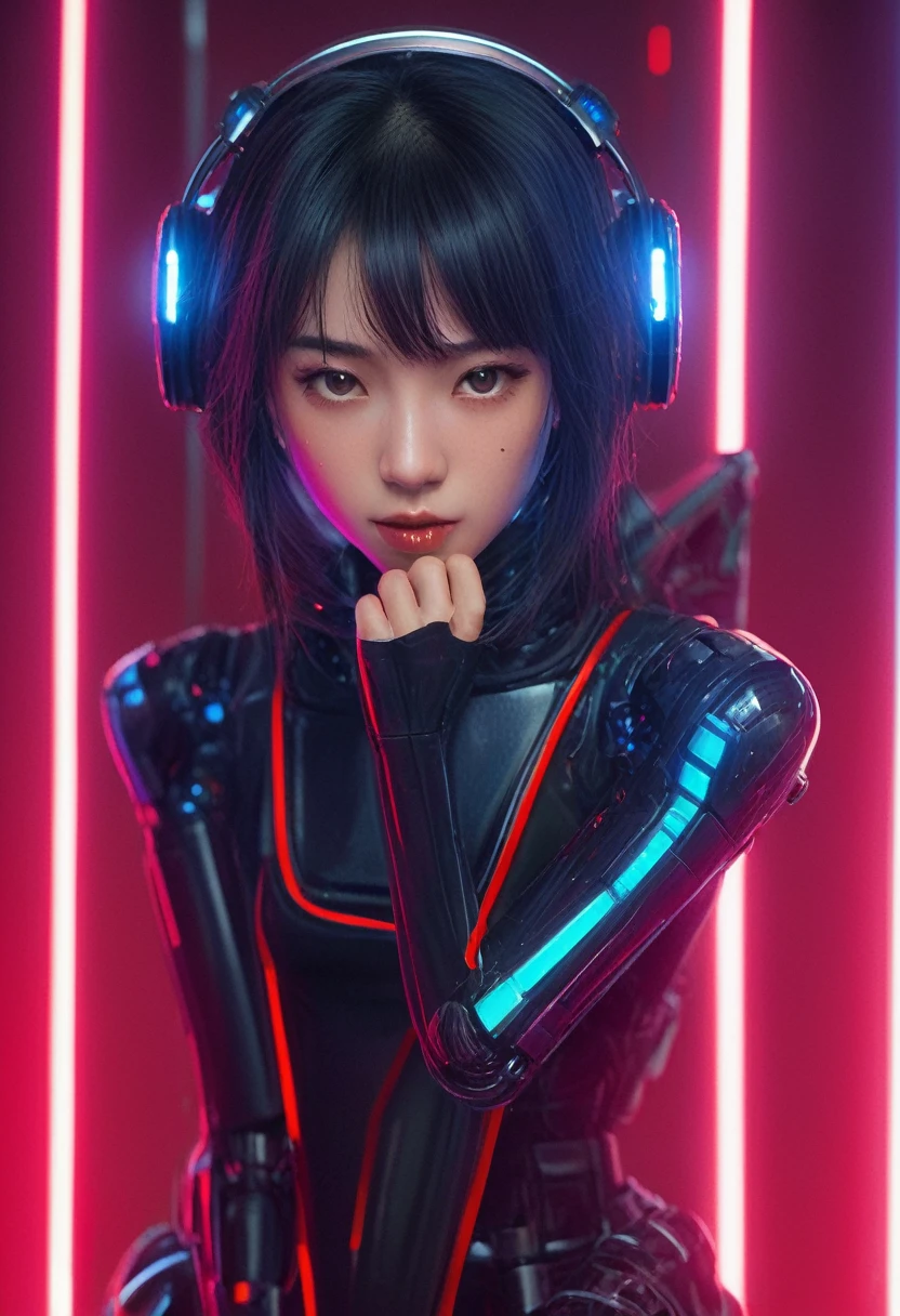 xxmixgirl. Highly detailed professional 35mm film, bokeh, face in sharp focus. A robotic female, Miku, with ((metal skin)), ((perfect Asian eyes)) with magenta irises and ((black pupils)), beautiful serious (detailed face), 18 year old ((photorealistic face)), very long magenta twin tails of magenta hair, twin black hair ties with a single red stripe. She may have a black audio headpiece. We can see her ((full body)) down to her boot soles. Her outfit is a sleeveless collared light grey shirt, outlined in red around the frilled collar and hems. Shiny reflective ((metallic breast cups, dimpleless)), invisible nipples. She wears black sleeves with red hems that start around her upper arm and bellow out as the sleeves open and extend to her wrists, with wide trumpet red rimmed cuffs. She has perfect robotic (detailed hands). She wears a red colored tie with two horizontal solid parallel black lines halfway across. She wears a fabric black skirt with a horizontal red hem at the bottom all the way around; her (((black skirt wraps around her))) and ((her skirt completely covers)) her robotic waist and thighs. Tall black boots with red bottom soles, a red rim around the top at her thighs. Her mechanical shoulder joints are visible. We can see her robotic legs and robotic neck. Half of her is covered with shiny polished machinery. The background is a distant dark neon futuristic Japanese city, gold, cyan, violet neon, near harbor or mountains.