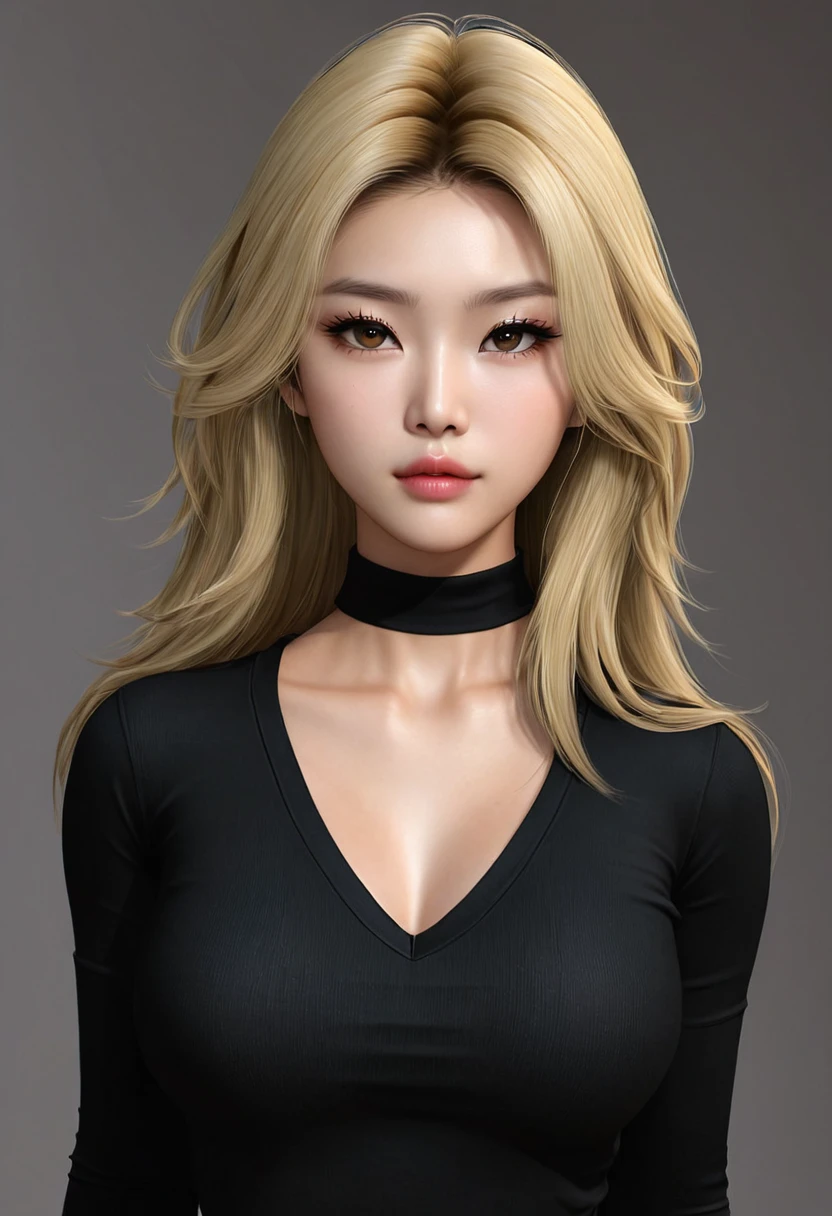 a pretty sexy blonde asian girl with almond eyes and slim body. You can see her entire body and she has everything very well defined. She has moles on her face and piercing. Wear a low-cut black shirt. She has long hair.