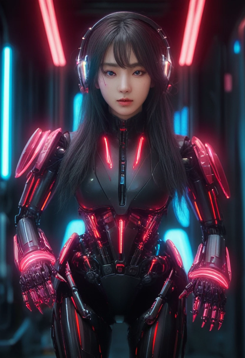 xxmixgirl. Highly detailed professional 35mm film, bokeh, face in sharp focus. A robotic female, Miku, with ((metal skin)), ((perfect Asian eyes)) with magenta irises and ((black pupils)), beautiful serious (detailed face), 18 year old ((photorealistic face)), very long magenta twin tails of magenta hair, twin black hair ties with a single red stripe. She may have a black audio headpiece. We can see her ((full body)) down to her boot soles. Her outfit is a sleeveless collared light grey shirt, outlined in red around the frilled collar and hems. Shiny reflective ((metallic breast cups, dimpleless)), invisible nipples. She wears black sleeves with red hems that start around her upper arm and bellow out as the sleeves open and extend to her wrists, with wide trumpet red rimmed cuffs. She has perfect robotic (detailed hands). She wears a red colored tie with two horizontal solid parallel black lines halfway across. She wears a fabric black skirt with a horizontal red hem at the bottom all the way around; her (((black skirt wraps around her))) and ((her skirt completely covers)) her robotic waist and thighs. Tall black boots with red bottom soles, a red rim around the top at her thighs. Her mechanical shoulder joints are visible. We can see her robotic legs and robotic neck. Half of her is covered with shiny polished machinery. The background is a distant dark neon futuristic Japanese city, gold, cyan, violet neon, near harbor or mountains.