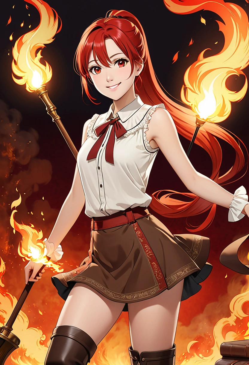 20 years old girl, long red hair, wears a ponytail, red eyes, always smiling. She dresses in an antique style, wearing a short brown skirt with black shorts underneath, ending above the knees. She wears knee-high brown boots. Her white blouse is sleeveless and features red details. She possesses fire powers and has a fire-themed background."