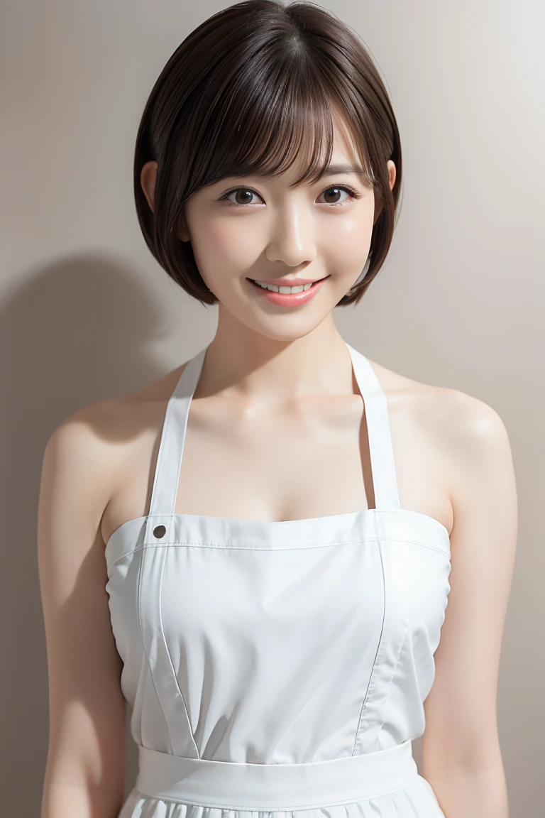 (Highest quality、Tabletop、8k、Best image quality、Award-winning works)、1. pretty girl、(Short Bob Hair:1.1)、(Naked with a white apron:1.2)、Perfect girl portrait photo、Glowing Skin、Brown Hair、(Large Breasts:1.3)、(Accentuate your body lines:1.1)、Standing Elegantly、(Face close-up:1.3)、Woman looking up at me、Cute Smile、(The simplest solid white background:1.4)