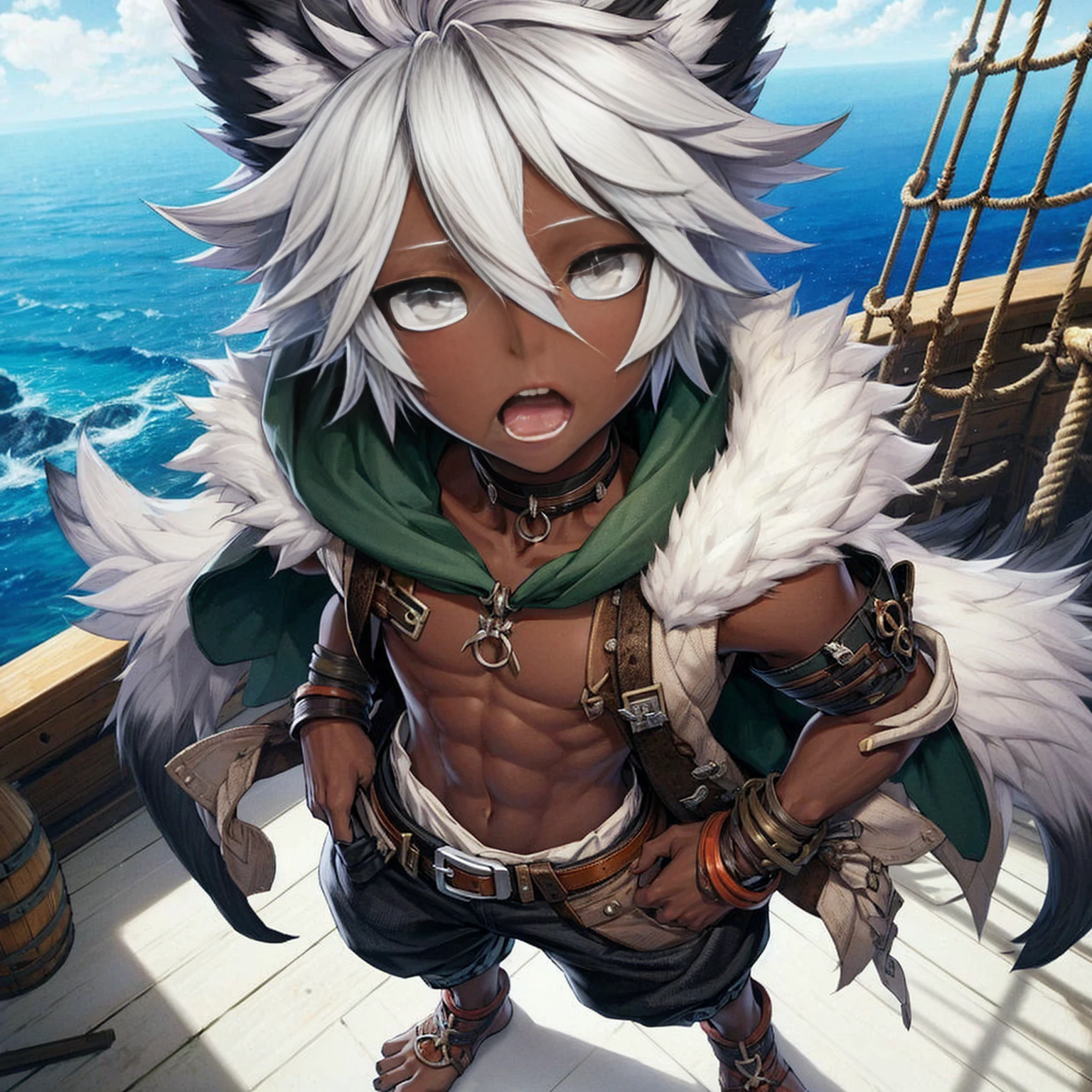 score_9, score_8_up, score_8,   zzSavage, solo, looking at viewer, smile, red eyes, 1boy, animal ears, hair between eyes, jewelry, ahoge, white hair, male focus, cowboy shot, earrings, artist name, necklace, cape, grin, fur trim, bandages, tooth necklace    bone necklace, tribal, solo, looking at viewer, cowboy shot,     <lora:Savage_P1:0.8>,