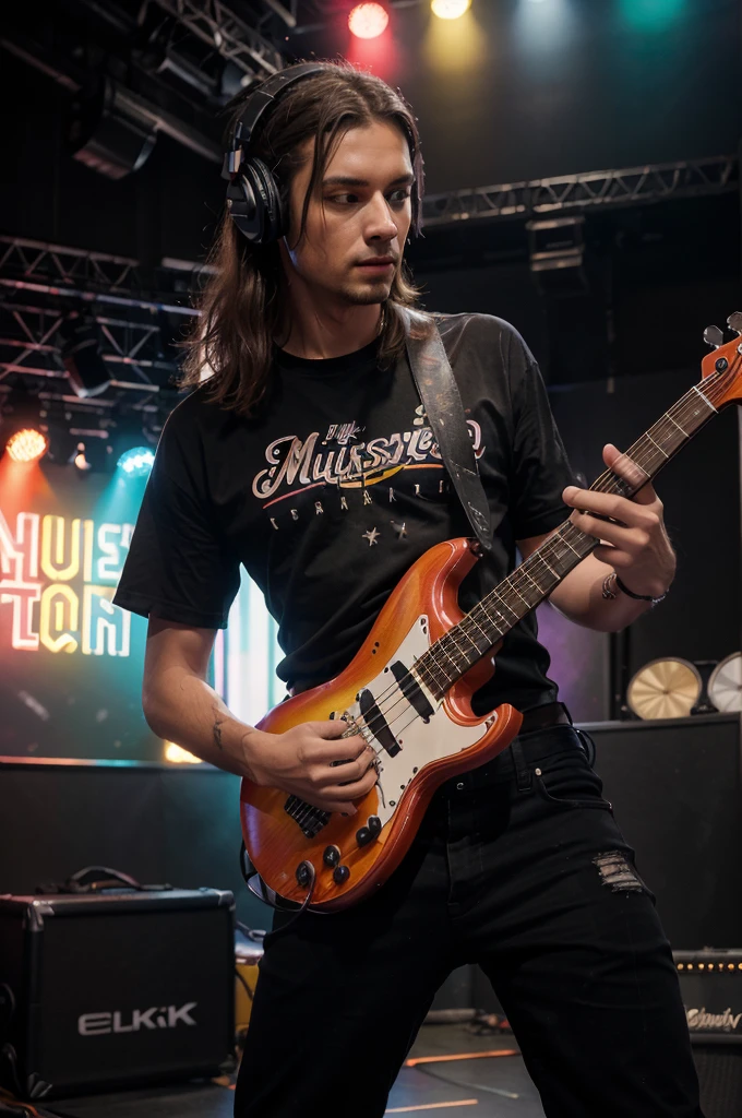 a man playing guitar,colored lights,rock musician,musical instrument,audience,stage,energetic performance,loud music,vibrant atmosphere,sweat,passion,bright colors,dynamic movements,music notes,electric guitar,amplifier,headphones,electric cables,stage monitor,bass drum,microphone stand,rock and roll,concert,stage performance. (best quality,4k,8k,highres,masterpiece:1.2),ultra-detailed,realistic:1.37,studio lighting,vivid colors.