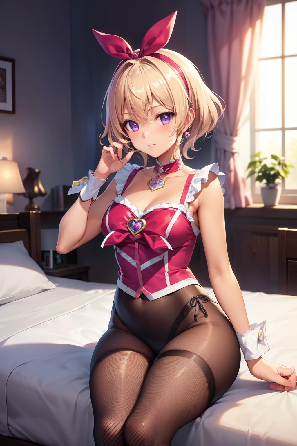 (Tabletop, Highest quality, Super detailed), One Girl, Purple eyes, Blonde Hair, Dark Skin, Short Hair、Perm Hair、((Fishnet tights))、(Bedroom)、((Cure Melody))