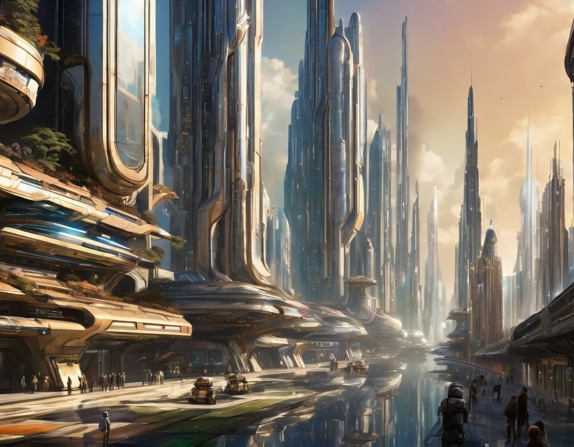 On an unknown planet lies a futuristic fantasy city with immense buildings of technological design (que forman una avenida infinita), con estructuras acristaladas en plata, oro y bronce espectaculares, (con colores vivos). pavimento ensolado (sin brillo). gente paseando. (similar a coruscant de star wars). imagen bien definida con muchos edificios juntos. imagen nitida bien definida 8k. los edificios llegan alta el fondo.,8k.