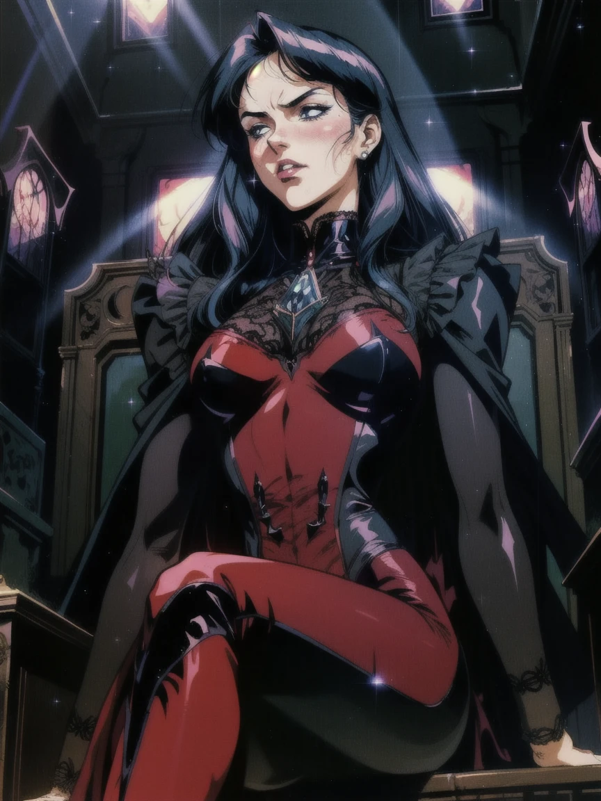 ((((retro anime)) of a gothic vampire piloting a gothic ruby mech)), (from below), close-up, (fisheye), ((gothic (control panels) everywhere)), ((mature)), ((vampiric)), (iridescent bodysuit), lace accessories, dark big lips, ((baroque pilot seat)), ((leaning back sitting pose)), ((elegant)), (((serious tone))), futuristic, top spacecraft control panel, ((dark place)), ((low-light)), intricate control panel details, 1990s (style), [blushing], sweat, masterpiece, claustrophobic, sparkles, red aura, limited colors