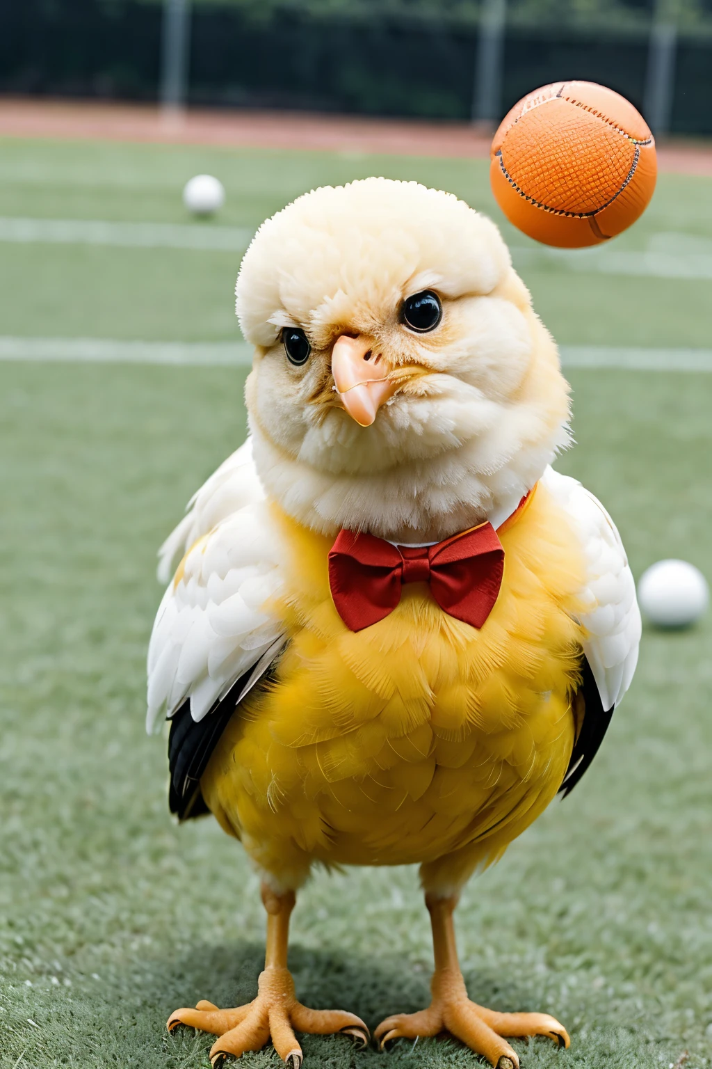 Imagine a fluffy yellow chick with big, round eyes and a tiny orange beak. It’s wearing a crisp white shirt and a cute blue bow tie. The chick stands attentively on a green sports field, surrounded by miniature sports equipment suitable for its size. A small whistle hangs around its neck, and it looks eager to learn about the different sports activities in the lesson.