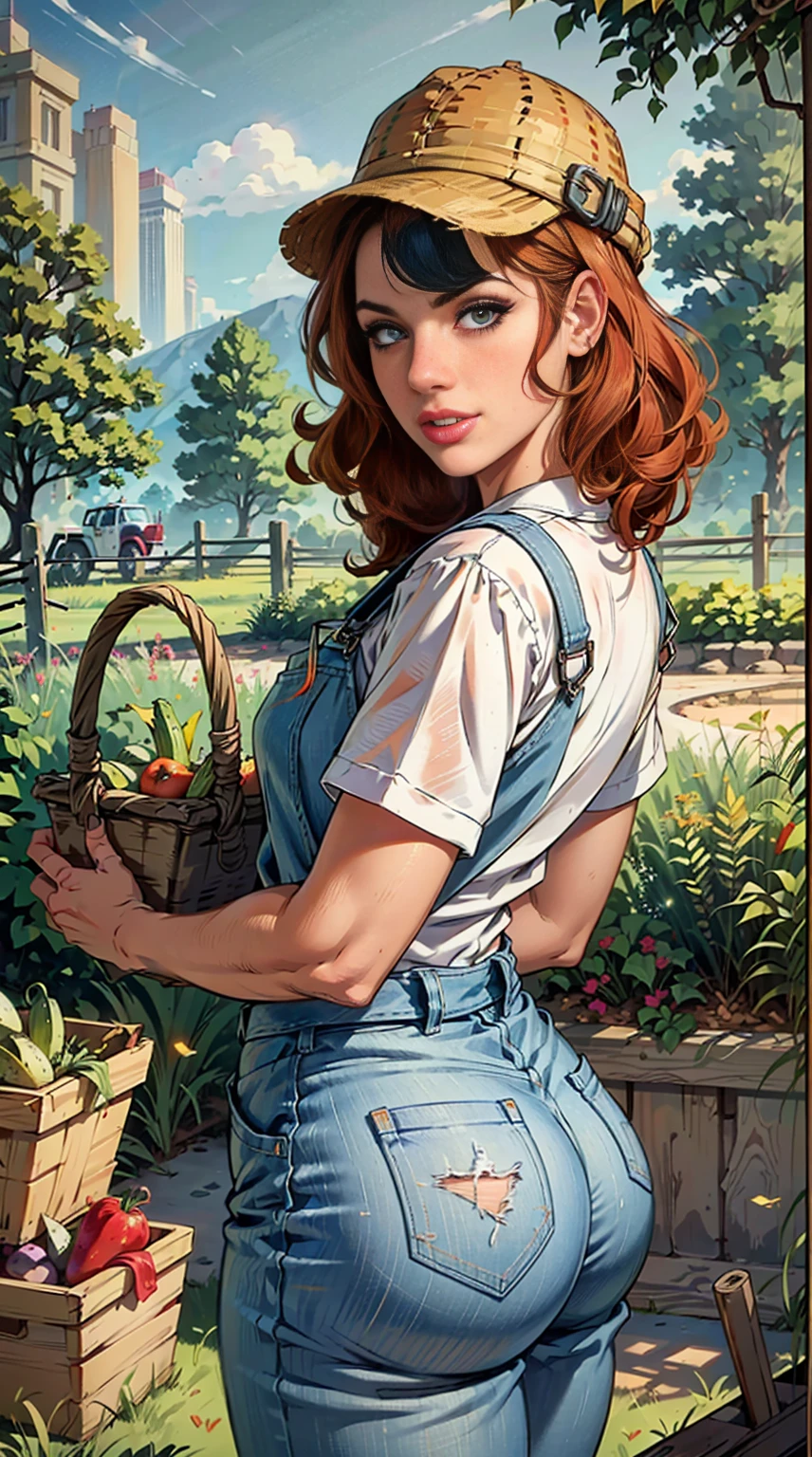 (best quality,4k,8k,highres,masterpiece:1.2),ultra-detailed,realistic,red-haired girl with freckles,beautiful detailed eyes and face,smug expression,sassy attitude,cute girl,curly red hair,plaid shirt,denim overalls,hat,farmer boots,brown curly hair,long eyelashes,thick booty,farm background,holding a basket of fresh vegetables,gardening tools,morning sunlight,vivid colors,rustic style,soft lighting
