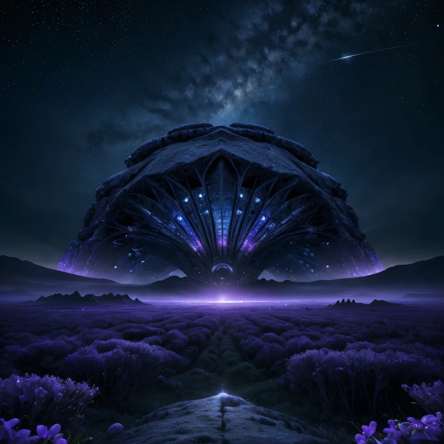Close-up of a violet blue landscape with a mountain and starry sky, fantasy landscape, Galactic Temple, Эпический сказочный fantasy landscape, Fantasy space, greg beeple, мистический fantasy landscape, detailed dream landscape, Highly detailed 4K digital art, Fantastic Planet, Beautiful alien landscape, surreal alien kingdom, impressive fantasy landscape, Cosmic landscape