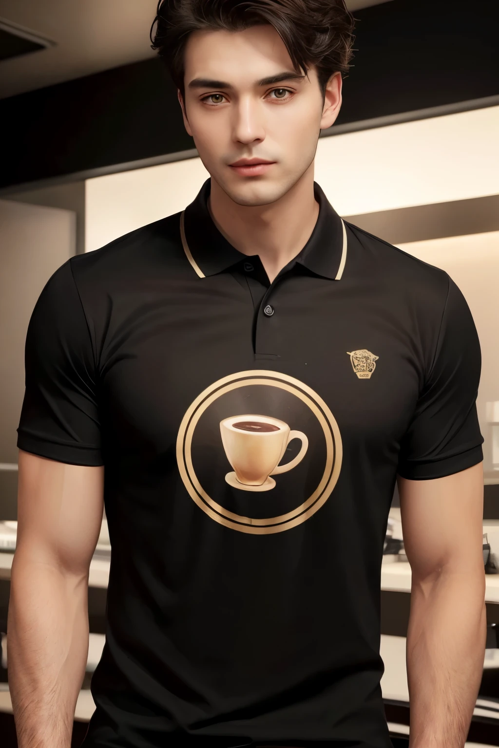 Please create a black polo t-shirt design with the brand name "Coffee break" in gold