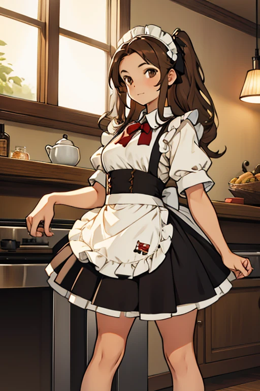 Young woman long brown hair brown eyes wearing maid outfit with black bow in her hair